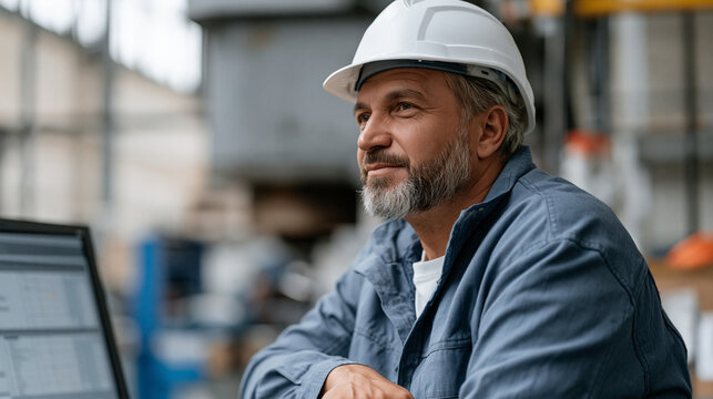 Statistical process control technician plotting control chart results on industrial monitor beside stamping press, quality inspection career, overcast factory floor lighting,