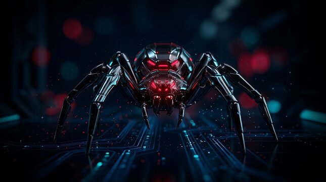 Futuristic Metallic Spider Robot with Glowing Red Eyes on a Circuit Board Background, Representing Cyber Security and Advanced Technology
