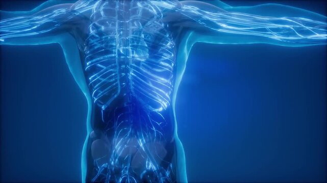 Detailed 3D medical illustration human nervous system. anatomy brain, spinal cord. peripheral nerves, muscles skeletal structure, futuristic blue body, healthcare, science biology. man x ray Animated