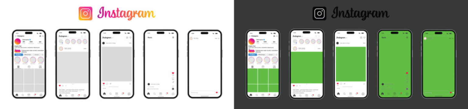 Instagram mockup smartphone showing post feed reels profile