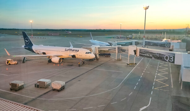 Budapest, Hungary - May 5, 2026: Airport 2B terminal at Liszt Ferenc International Airport in Budapest. Aircraft line Lufthansa Airbus A320