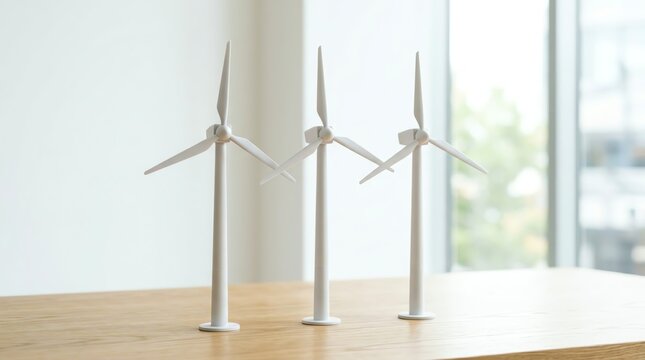 Miniature wind turbines on a wooden table.