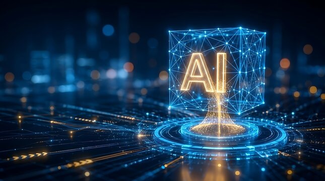 Futuristic glowing AI lettering encased in a digital geometric network cube, symbolizing advanced artificial intelligence and technology concepts.