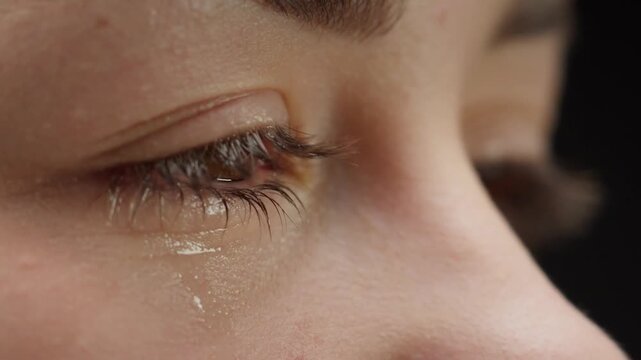 woman Face in home, crying and mental health. female person, Shedding tears rolling down cheek, depression and sad anxiety, abuse with pain. Close Up details emotional girl eye. Expressing sadness