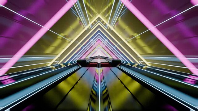 Cyberpunk-style 3D tunnel with pulsating neon lights and infinite looping effect, reflective walls and floor adding a multidimensional look.