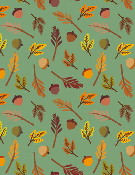 Seamless autumn forest pattern with acorns, oak leaves and twigs on sage green background flat vector