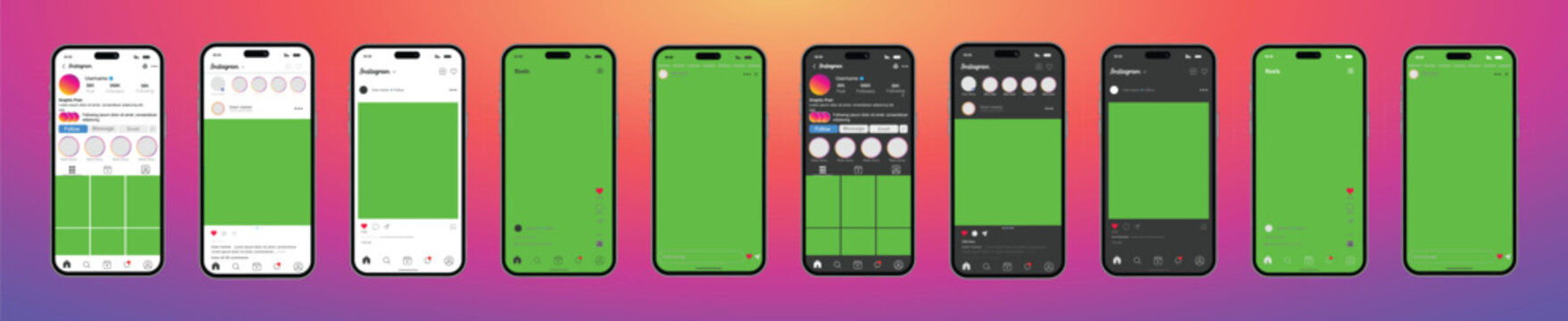 Instagram interface mockup templates on smartphones with green screen Profile, post reels, feed, post, 