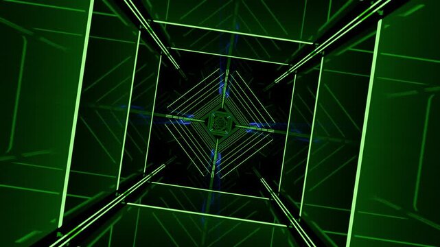 Digital 3D scene of a continuous neon tunnel, reflective surfaces bouncing colored lights, loop-ready and perfect for technology themes and fly-throughs.

