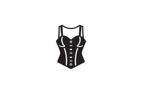 Black silhouette icon of strappy tank top or corset style garment isolated on white background for women fashion apparel and boutique clothing design.