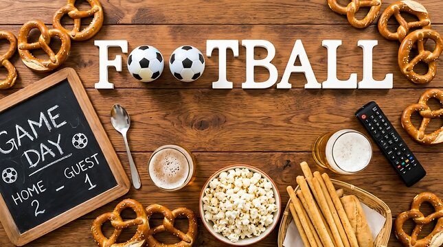 Football snacks on wooden table with game day sign