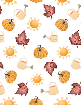 Cute autumn seamless pattern with pumpkins, maple leaves, sun and watering can on white background