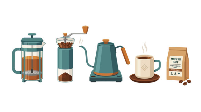 The illustration shows a coffee brewing process with various devices and cup