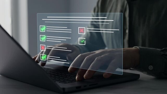 Businessman in computer doing online data documentation checklist survey. Fast checklist,clipboard task business management.Productivity checklist and filling survey form online.	
