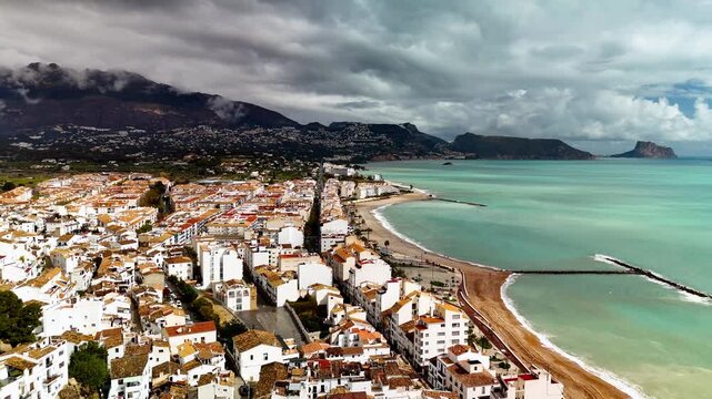 Aerial view of Altea old town coastline and Penon de Ifach, Spain