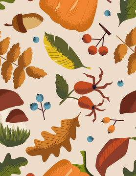 Autumn forest seamless pattern with acorn, pumpkin, mushrooms, rosehip, oak leaves and blueberries on cream background