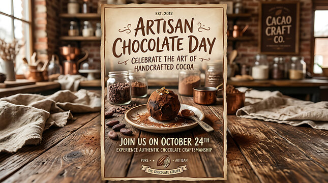 Artisan chocolate celebration poster with cocoa beans and tools on rustic wooden table