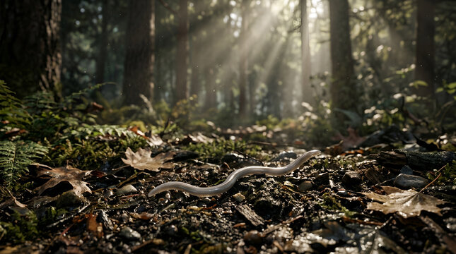 A slow worm crawling on a damp forest floor with sunbeams in the woods