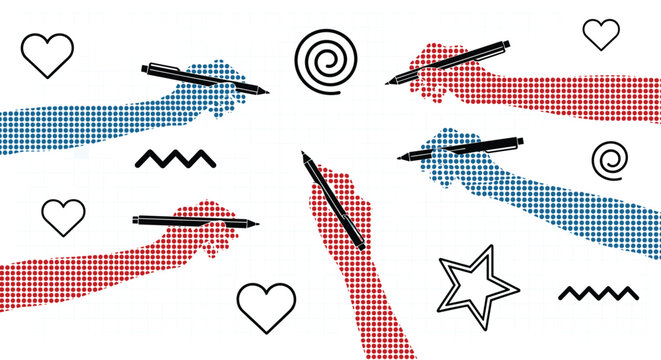 Creative illustration shows five hands in red and blue tones holding pens and drawing various shapes like hearts and stars.