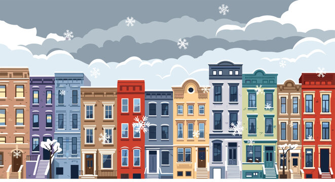 Pixel art winter cityscape features a row of colorful townhouses under a cloudy sky with gently falling snowflakes.