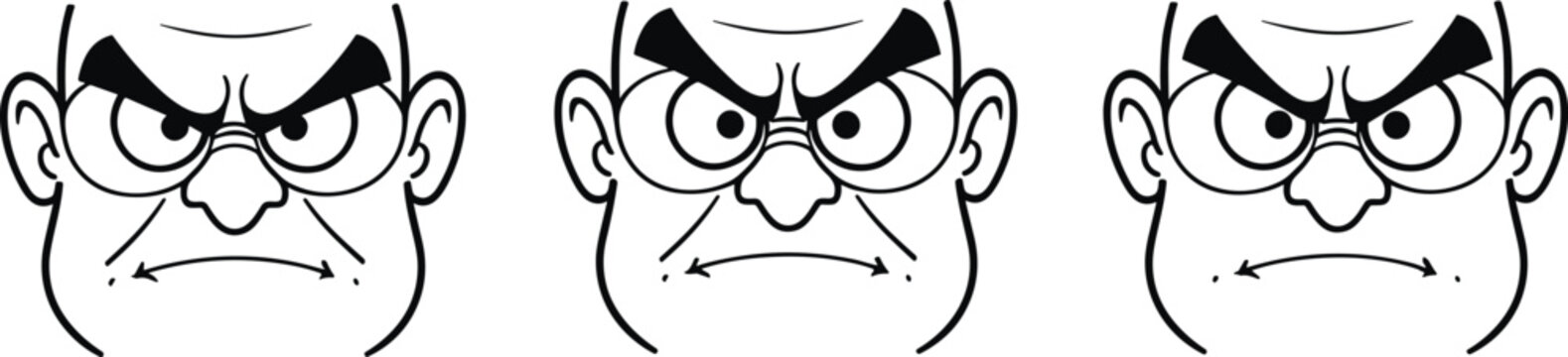 Cartoon angry man facial expressions vector set featuring grumpy old boss grandfather or teacher characters with thick eyebrows and glasses