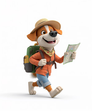 Happy cartoon dog with backpack isolated on white background 3D design