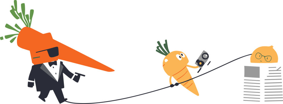 Cute cartoon carrot spy character in tuxedo wearing sunglasses with secret agent elements and wiretap investigation scene vector illustration concept