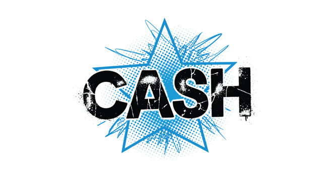 Grungy black text reading cash layered over a vibrant blue comic book style explosion star with a dot texture on a clean white background.