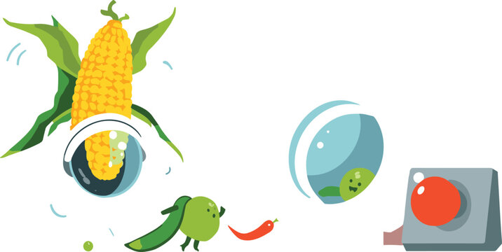 Cute cartoon space vegetable characters vector illustration featuring corn astronaut helmet green pea pod and self destruct button console concept
