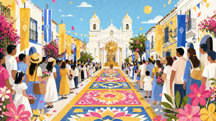 Fototapeta premium Corpus Christi celebration with people lining decorated streets, vibrant flowers
