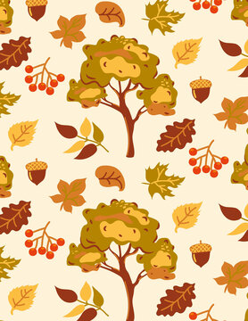 Cute seamless autumn pattern with cartoon oak trees, acorns, fall leaves and red berries on cream background
