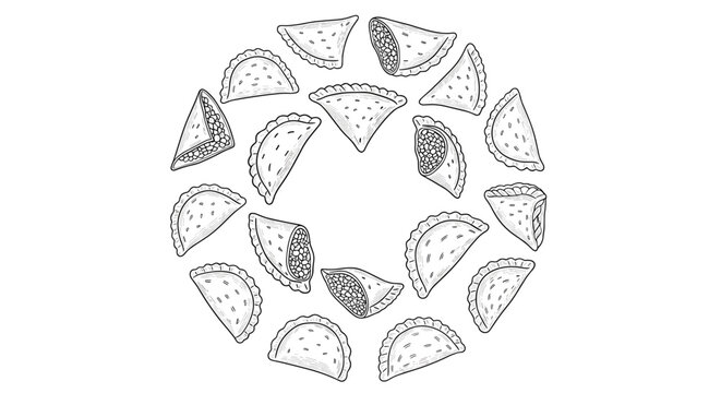 Circular frame composition featuring hand-drawn sketches of various empanadas and dumplings with different fillings on a clean white background.