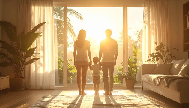 Family standing together looking outside through large windows in living room