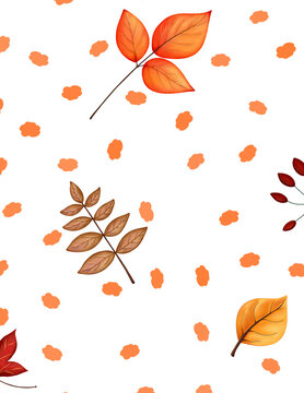 Seamless autumn pattern with illustrated fall leaves, rosehip berries and orange confetti dots on white background
