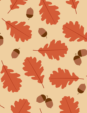Seamless flat vector pattern of orange oak leaves and acorns on beige background
