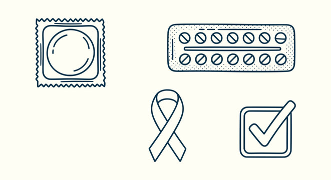 Sexual health icons set including birth control pills condom awareness ribbon and medical checkmark.