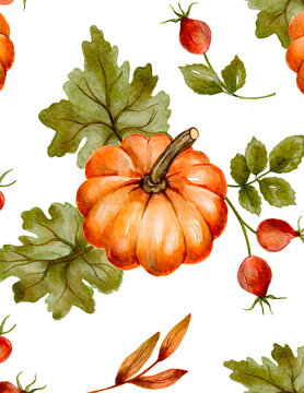 Watercolor seamless pattern with orange pumpkin, oak leaves and red rosehip berries on white background
