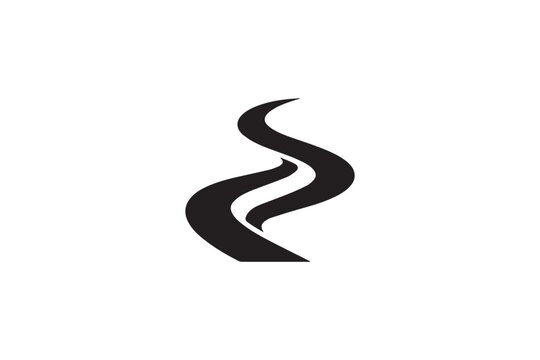Abstract river or winding road silhouette with two parallel flowing paths creating sense of movement for landscape or environmental logo design.
