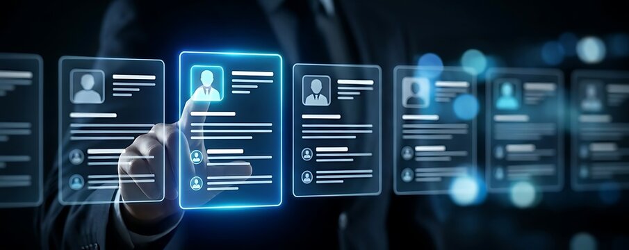 Recruiter's hand selects a digital candidate profile from a glowing interface, representing modern recruitment and human resources.