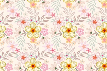 Obraz premium Floral seamless pattern with yellow daisies and pink flowers on light background