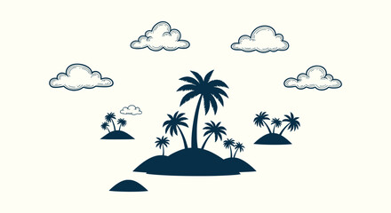 Obraz premium Tropical Island Silhouette with Palm Trees and Sketchy Clouds on Light Background Vector Illustration