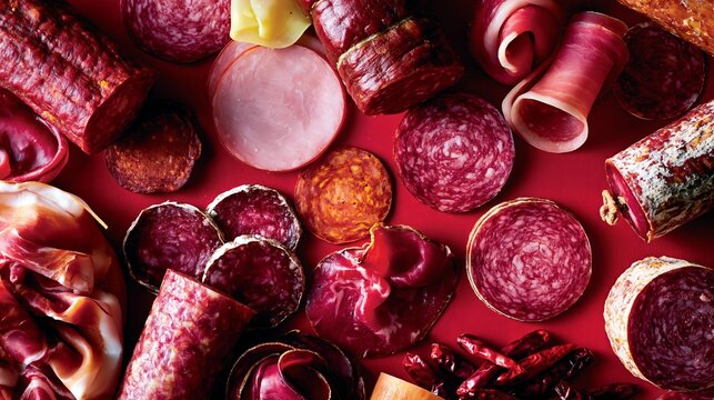 Above, a colorful display of cured meats sits on a red surface, offering a tempting view of delicious food.