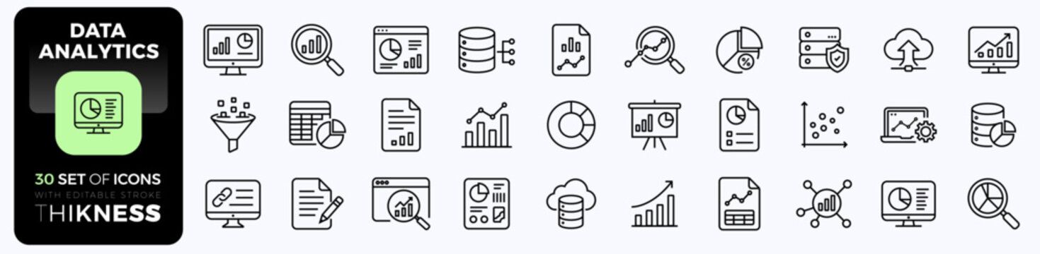 Data analytics web icons collection, representing various aspects of data analysis and business intelligence, charts, graphs, databases, and cloud storage. Editable stroke. Vector illustration.