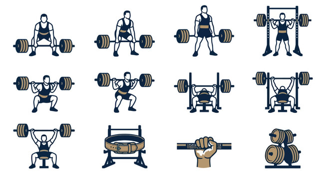 Powerlifting and Weightlifting Exercise Icon Set