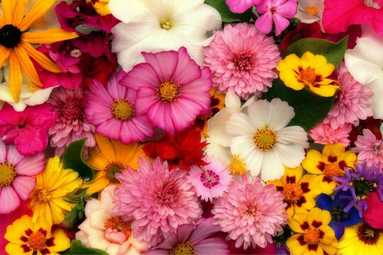 Vibrant Mixed Flower Bouquet in Full Bloom with Pink and White Petals Close-Up