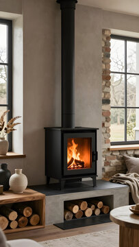 Geometric Wood Burning Stove with Built-In Bench in Modern Living Room