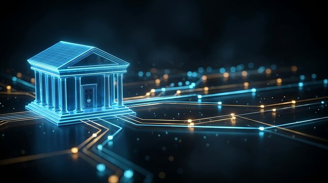 Digital bank building rendered in glowing blue wireframe, connected by illuminated circuit lines and bokeh lights, symbolizing fintech and online financial services.