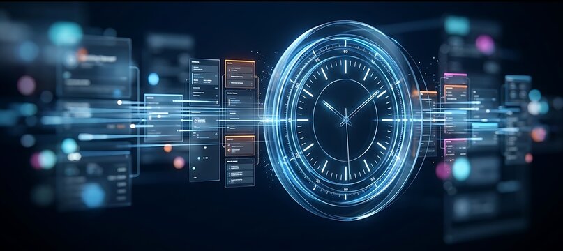 Futuristic digital clock interface with glowing holographic data streams and abstract charts representing time management and technology.