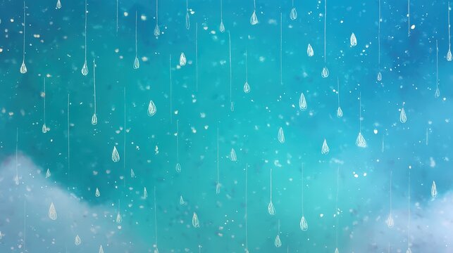 A dreamy sky with numerous glowing raindrops falling softly against a blue and teal backdrop, abstract nature background for kids