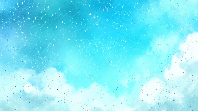Blue sky with scattered clouds and raindrops falling, a serene and refreshing atmosphere, abstract nature background for kids