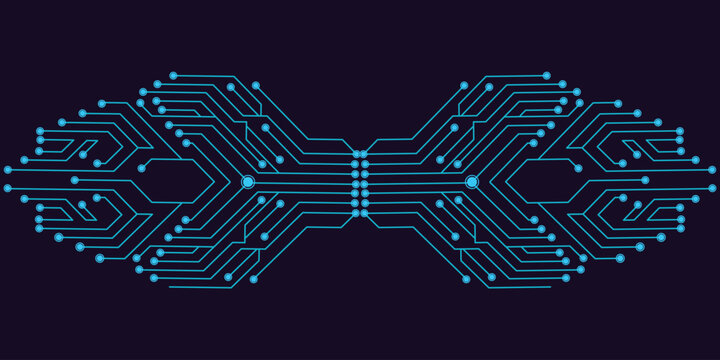 Symmetrical futuristic circuit board pattern on dark background abstract digital technology network concept